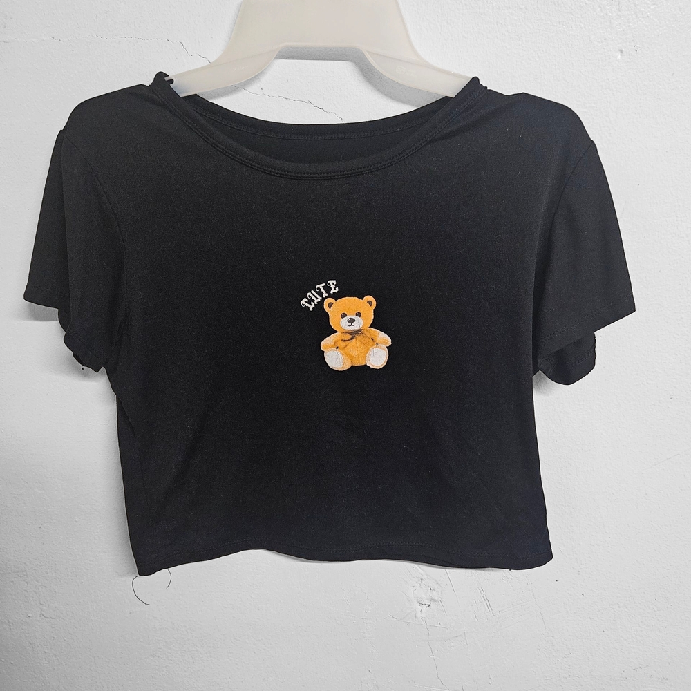Black Crop Top with Teddy Bear Design